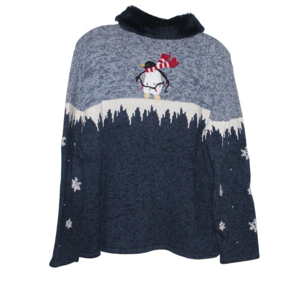 Vintage Tiara Sweater Women's Large Blue Penguins Winter Full Zip Cardigan - Picture 6 of 7